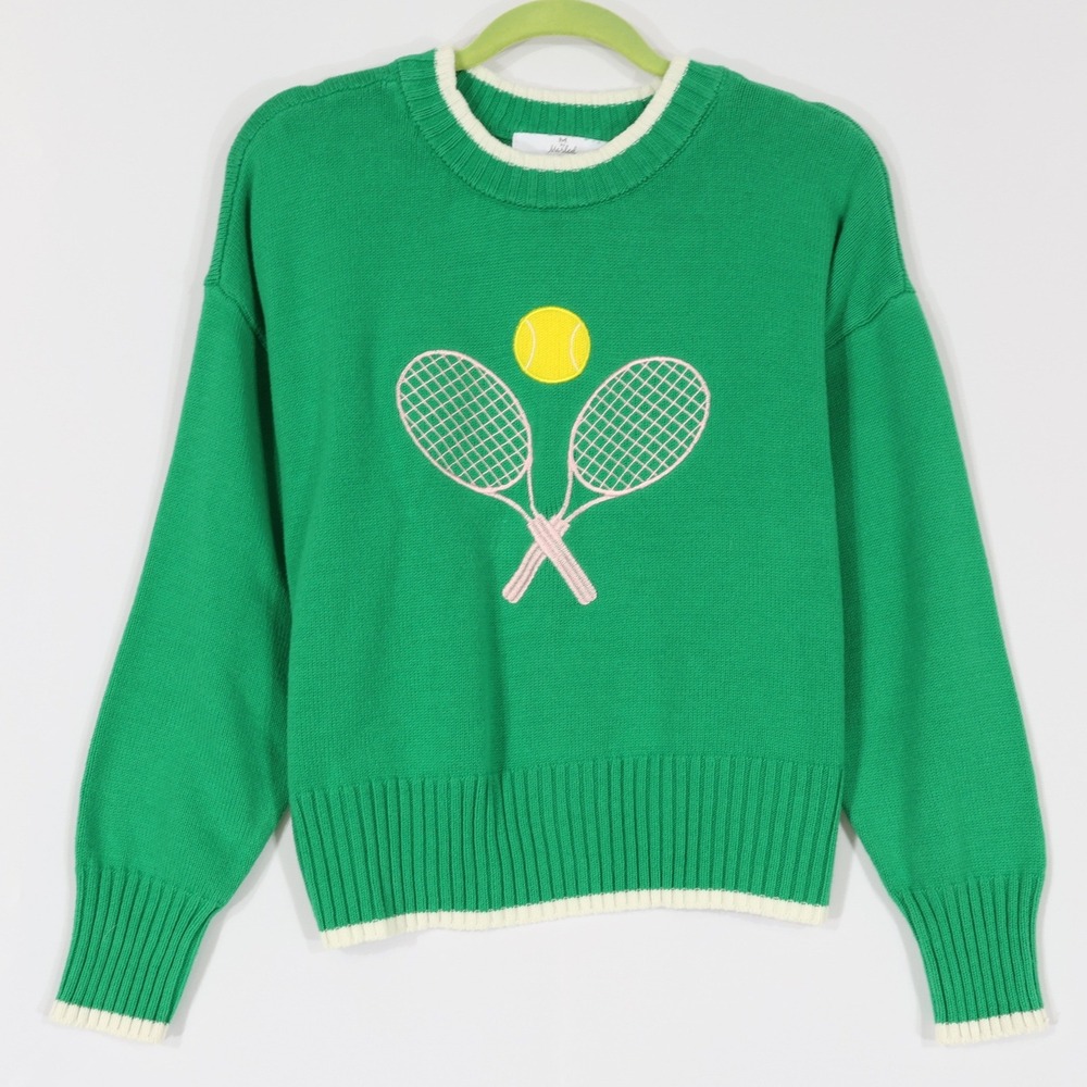 M by Marled Tennis Graphic Sweater Womens L Green Preppy Crew Neck Embroidered